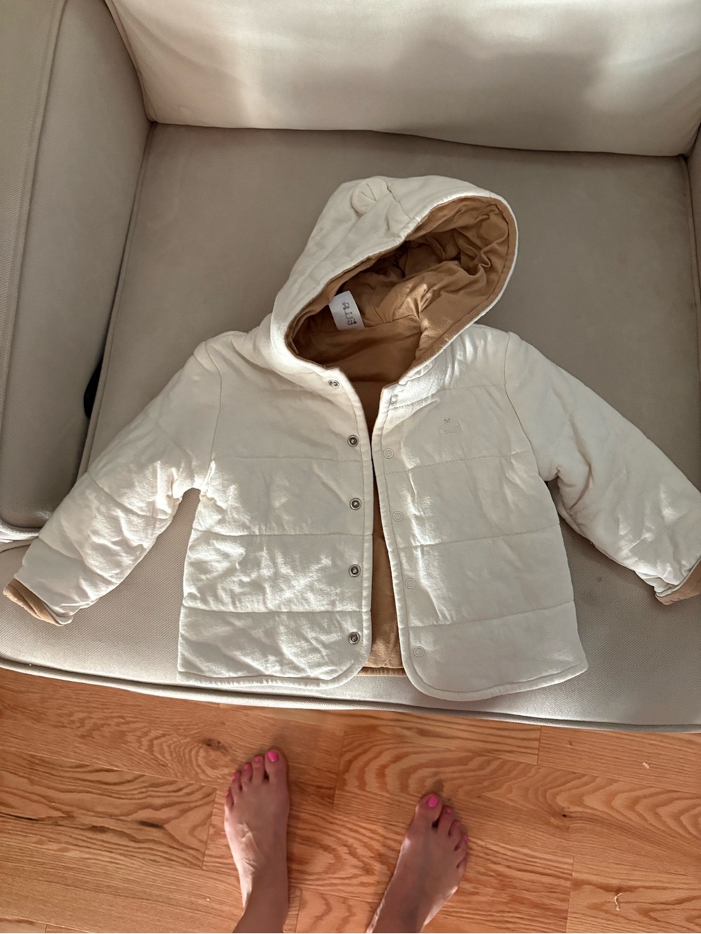 Baby GAP Cream Hooded Puffer Jacket with Tan Lining, reversible